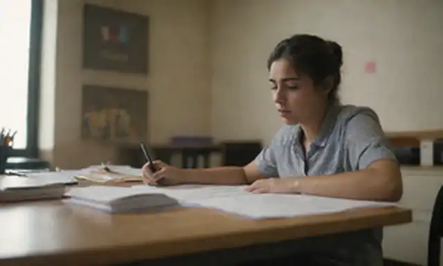 Un estudiante sentado en un escritorio rodeado de libros y notas, con un esbozo débil de un programa en el fondo, en medio de plumas y papeles dispersos