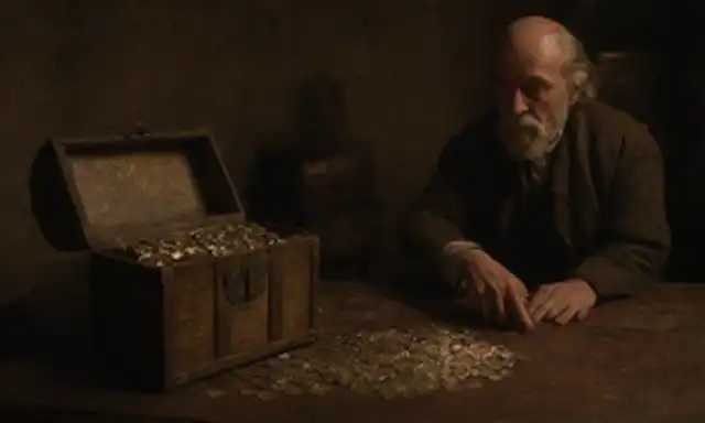 comerciante del siglo 18 contando monedas en una habitación iluminada, con un indicio de un signo de dólar grabado en un antiguo cofre de tesoros, rodeado de joyas de oro y plata, con un resplandor débil emanando de las monedas mismas, en medio de un telón de fondo de mapas antiguos del mundo y artefactos misteriosos