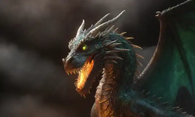 Un dragón majestuoso con escamas que brillan como oro y esmeraldas