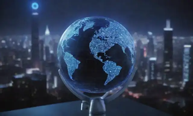 globo 3D con circuitos interconectados, luces azules parpadeando rápidamente, futurista paisaje urbano en el fondo, brazo robot conteniendo una tableta, electrodomésticos inteligentes que forman un patrón geométrico, gadgets de alta tecnología dispersos alrededor