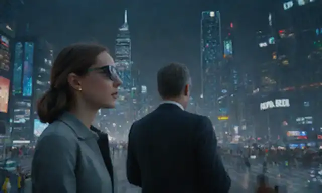 Un futurista paisaje urbano con rascacielos elegantes, gente caminando y coches voladores que se acercan; un disparo de cerca de una persona usando gafas inteligentes o sosteniendo un reloj inteligente; un collage de dispositivos con pantallas brillantes; un cerebro con circuitos y alambres; engranajes que se vuelven en movimiento; un laberinto que se resuelve; un robot que aprende a jugar ajedrez