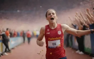 Un atleta exitoso corriendo hacia la cámara con un logotipo prominente en su camiseta