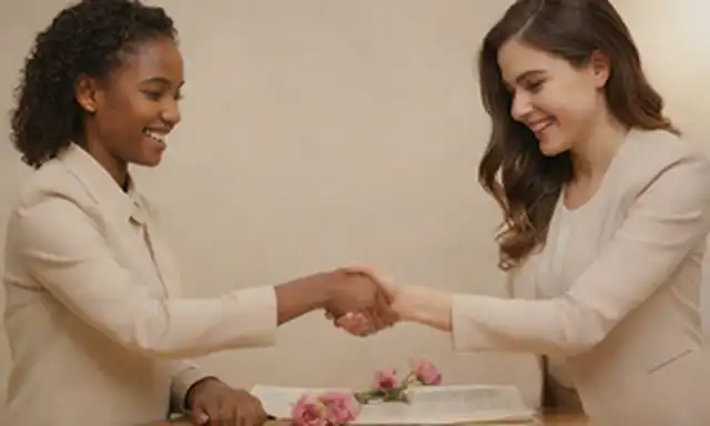 2-3 mujeres jóvenes, diversos antecedentes, sonriendo, atuendo profesional, apretones de manos, flores, libro, bolígrafo, escritorio, fondo neutro, iluminación cálida, tipografía elegante, colores simbólicos, escenario formal, gestos respetuosos