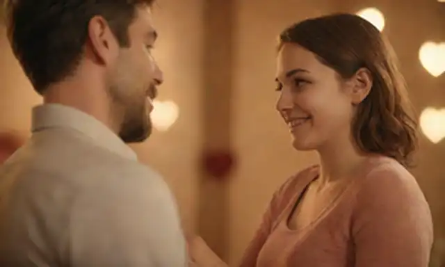 2 personas abrazando, agarrando las manos, suave sonrisa en las caras, suave iluminación, colores cálidos, fondo borroso, corazones enlazados en el aire, pareja mirando amorosamente unos a otros, tierna tacto, momento íntimo, felicidad irradiando de sus expresiones