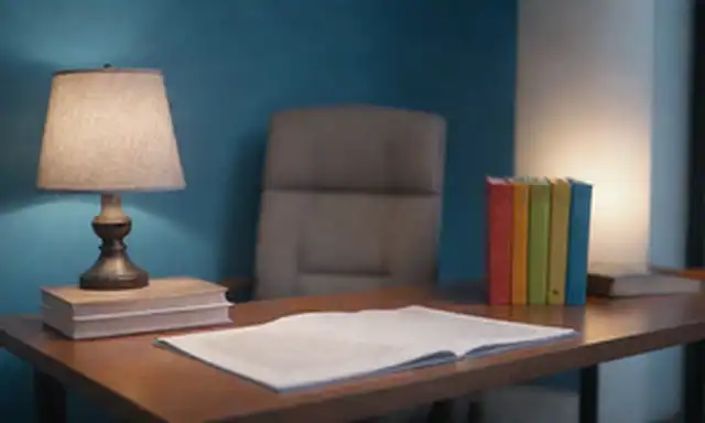 Estantes 3D llenos de libros, lápices y papeles, un escritorio de lectura en el fondo, una lámpara brillante, carpetas coloridas y archivos dispersos alrededor, un sutil gradiente de azul a gris en el fondo