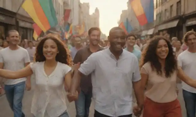 Una puesta de sol caliente sobre una bulliciosa calle de la ciudad con gente de diversos orígenes caminando juntos, agarrando las manos o los brazos unos a otros, y sonriendo, en medio de banderas y banners coloridos ondeando en el aire, con sutiles toques de diversidad cultural y lingüística en el fondo