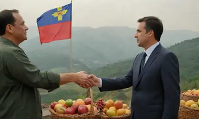 Reunión de montaña, cerca de la frontera, banderas nacionales ondeando, Personas que abrazan, Intercambio cultural, Frutas y cestas de alimentos que se comparten, Mapa en segundo plano, puente simbólico que conecta dos naciones, Dos culturas que se mezclan, Handshake entre líderes