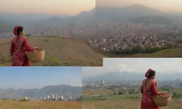 Una mujer nómada caminando hacia una cordillera lejana; un agricultor que sostiene una canasta de cultivos recién cosechados; un habitante de la ciudad mirando desde una ventana rascacielos; un grupo de indígenas se reunieron alrededor de un incendio; un collage de fotografías que muestran diversas prácticas culturales; una persona con ropa tradicional en medio del paisaje urbano moderno
