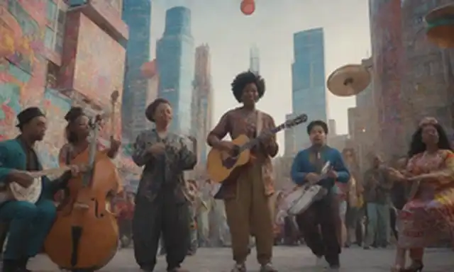 Una fusión de instrumentos tradicionales, gadgets futuristas y patrones vibrantes, con un fondo de paisaje urbano, con diversos individuos de diferentes etnias tocando música juntos, rodeados de colores giratorios y formas abstractas, transmitiendo un sentido de armonía cultural e inclusividad