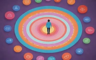 Una ilustración de color brillante de una persona rodeada de formas flotantes