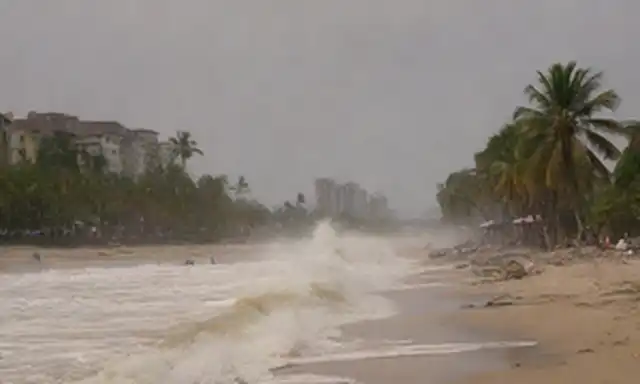 olas chocando en una playa, palmeras balanceando, gente corriendo, edificios colapsando, señales de alerta de tsunami iluminadas, destrucción en la distancia, caos y pánico, desastre natural