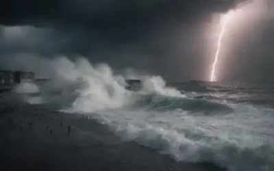 ilustración 3D de olas que chocan contra costa