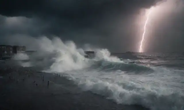 ilustración 3D de olas que chocan contra costa