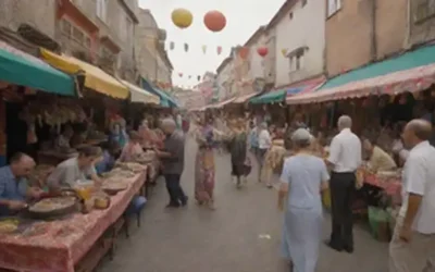 Una vibrante y multicultural escena callejera con una mezcla de arquitectura tradicional y moderna
