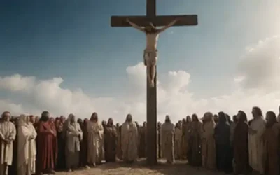 Escena de crucifixión 3D con sol o luz en el fondo