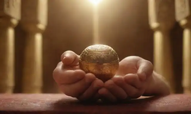 3D representaciones de manos de sacerdotes que sostienen piedras sagradas, telón de fondo del templo ornamentado, luz suave que emana de dentro, acentos de oro, aura mística, símbolos judíos antiguos, energía mística rodean la escena