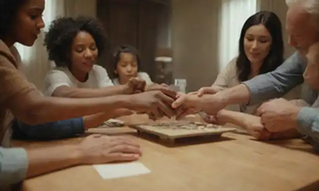 ilustración 3D de una familia con diversas edades y etnias, reunida alrededor de una mesa, manos que se sostienen entre sí, transmitiendo sentido de unidad, amor y valores compartidos