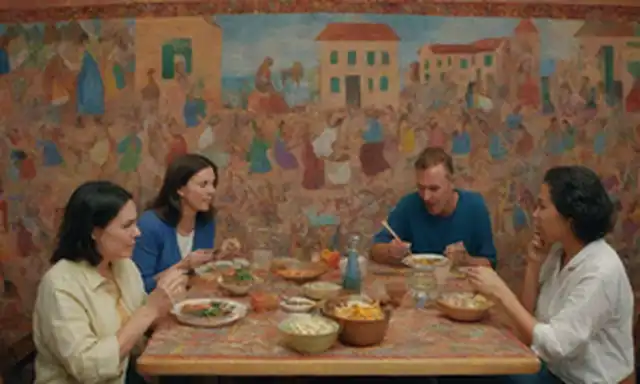 Un vibrante collage de iconos que representan el patrimonio cultural, un grupo diverso de personas compartiendo comidas, un colorido mural con instrumentos tradicionales, una tapicería tejida con patrones simbólicos, y un paisaje urbano con arquitectura ecléctica