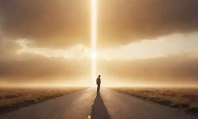 Un fondo cálido y acogedor con una silueta de una persona que se encuentra en una encrucijada, rodeada de chispas o rayos sutiles, que transmite reflejo interno y toma de decisiones; una luz suave y dorada que brilla desde dentro, representando valores personales y principios guía; nubes suaves y plumas en la distancia, simbolizando la guía etérea