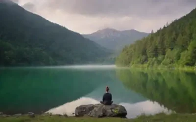 Un paisaje sereno con un lago tranquilo en primer plano
