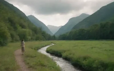 Un paisaje natural cálido y calmante con una persona de pie en la distancia