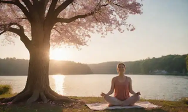 ilustración 3D de una mujer sonriente abrazando un árbol, con flores que florecen alrededor de ella y un fondo soleado, representando el crecimiento; una persona meditando por un lago pacífico al atardecer, simbolizando la reflexión interior; un grupo de amigos diversos compartiendo una comida juntos, transmitiendo la comunidad; y un individuo único mirando hacia las estrellas, significando esperanza