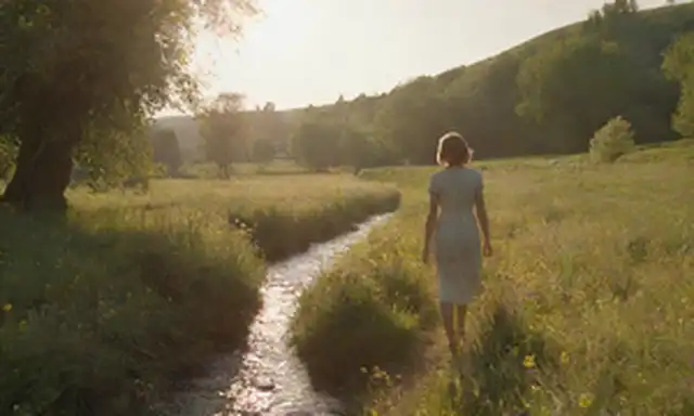 Un paisaje sereno con un sol cálido, flores florecientes y una suave corriente corriendo a través de ella, una figura en la distancia caminando hacia el horizonte con una sonrisa sin preocupaciones, un sentido de libertad y espontaneidad emanando de la escena